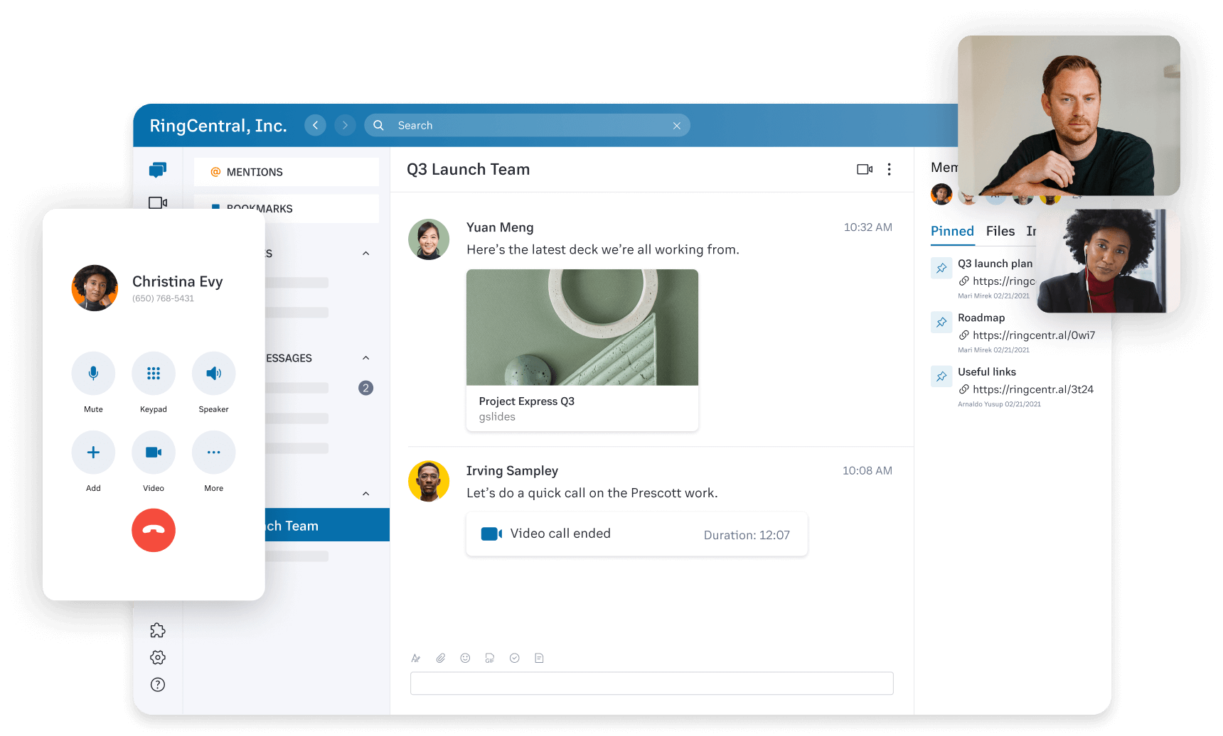 RingCentral message, phone, and video capabilities being demonstrated in a Q3 Launch Team meeting.