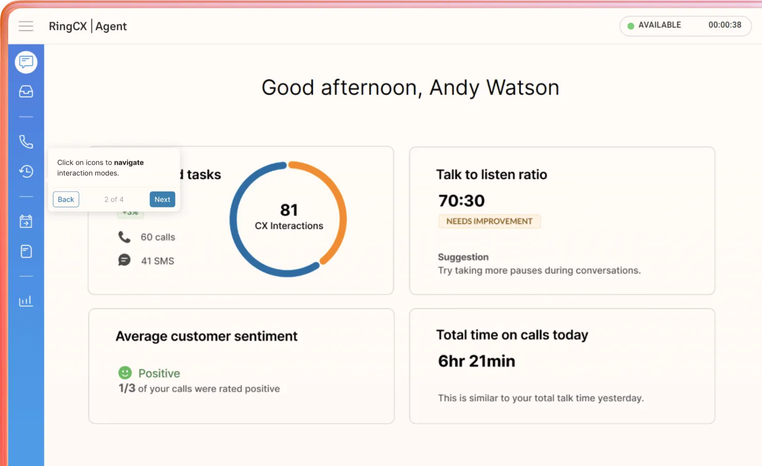 RingCentral Contact Center dashboard showing CX interactions and performance metrics.