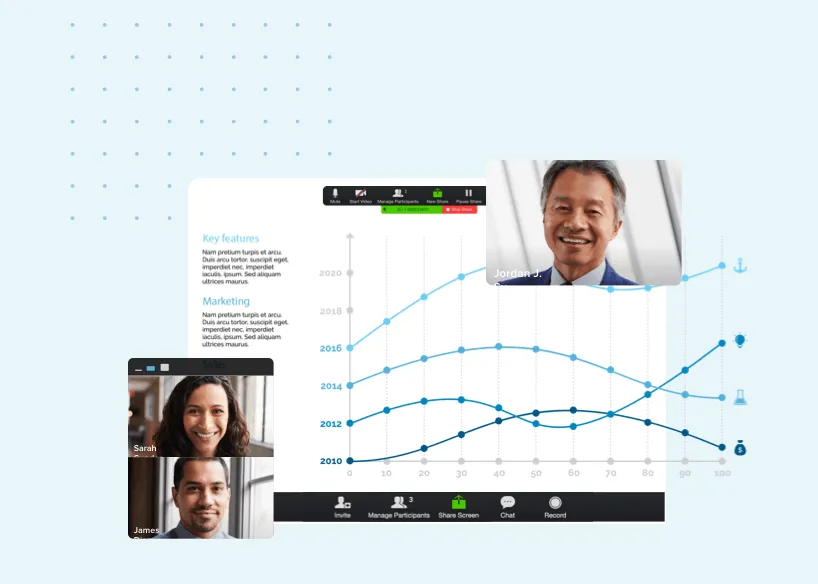 Une équipe utilise RingCentral pour des appels vidéo avec partage d'écran afin de discuter de mesures commerciales.