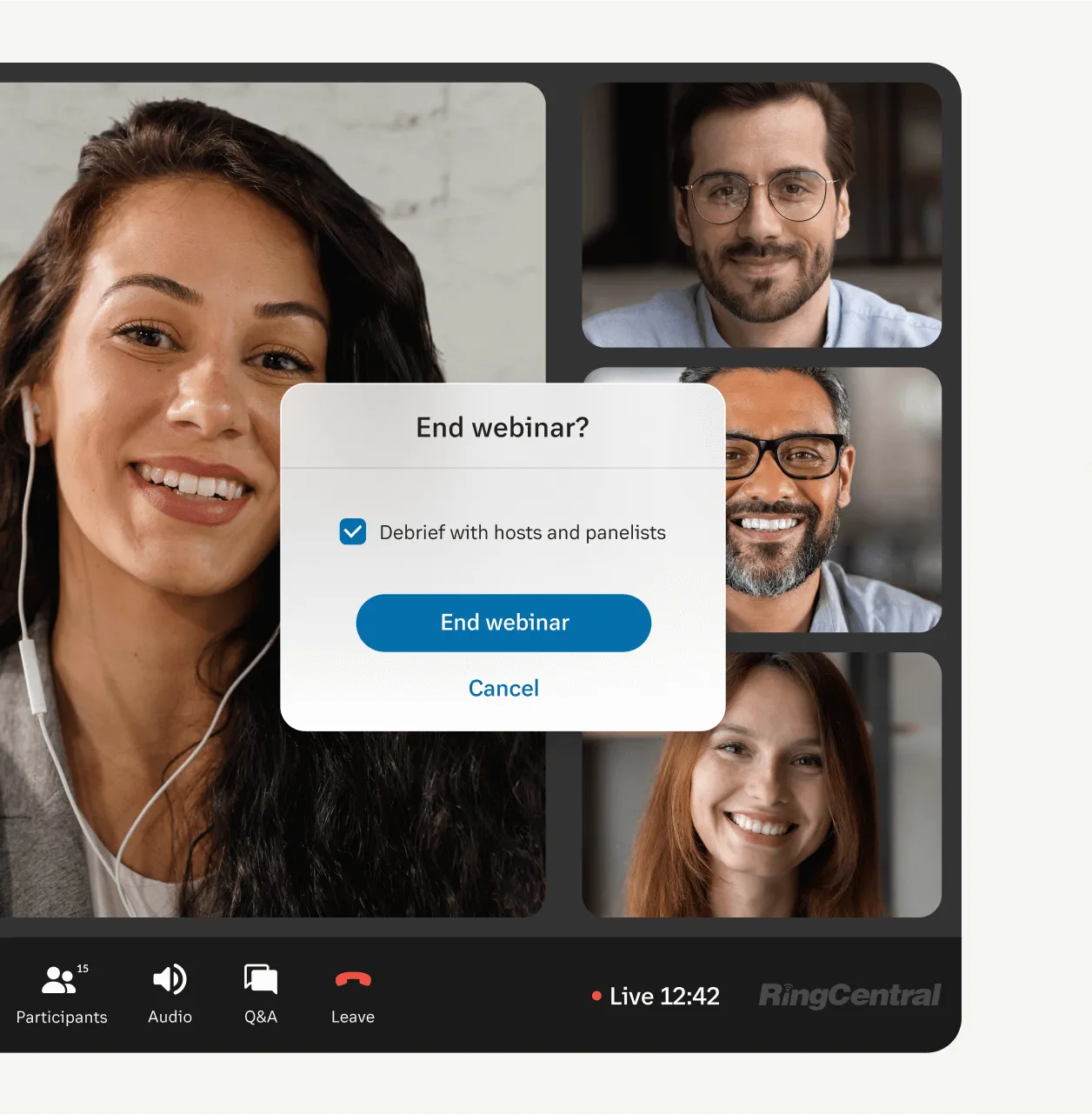 Ein Pop-up-Fenster beim Beenden eines laufenden Webinars auf der RingCentral Webinar-Plattform