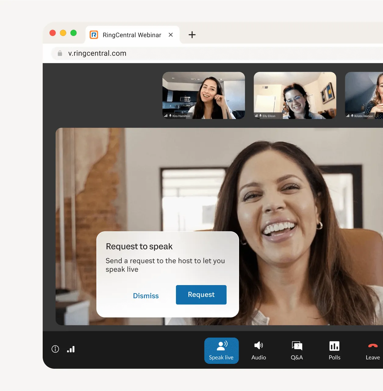 Ein Pop-up-Fenster auf der RingCentral Webinar-Plattform mit der Anfrage eines Teilnehmenden, live zu sprechen