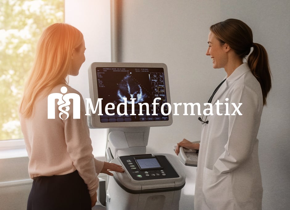 Two medical professionals assess results on an ultrasound machine