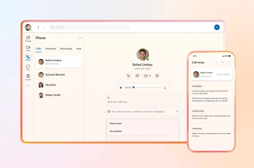 RingCentral app interface showing call details and recap on desktop and mobile devices.