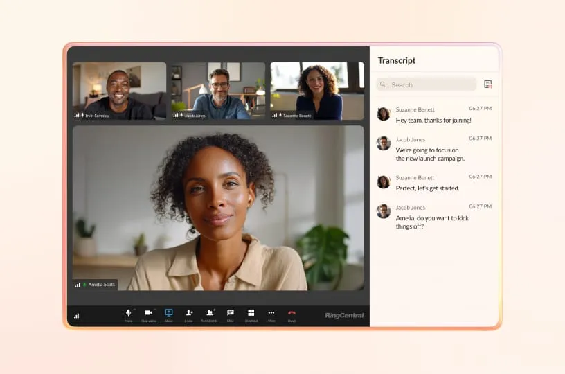 Video conference with a team using RingCentral's interface, featuring a participant speaking and chat transcript sidebar.