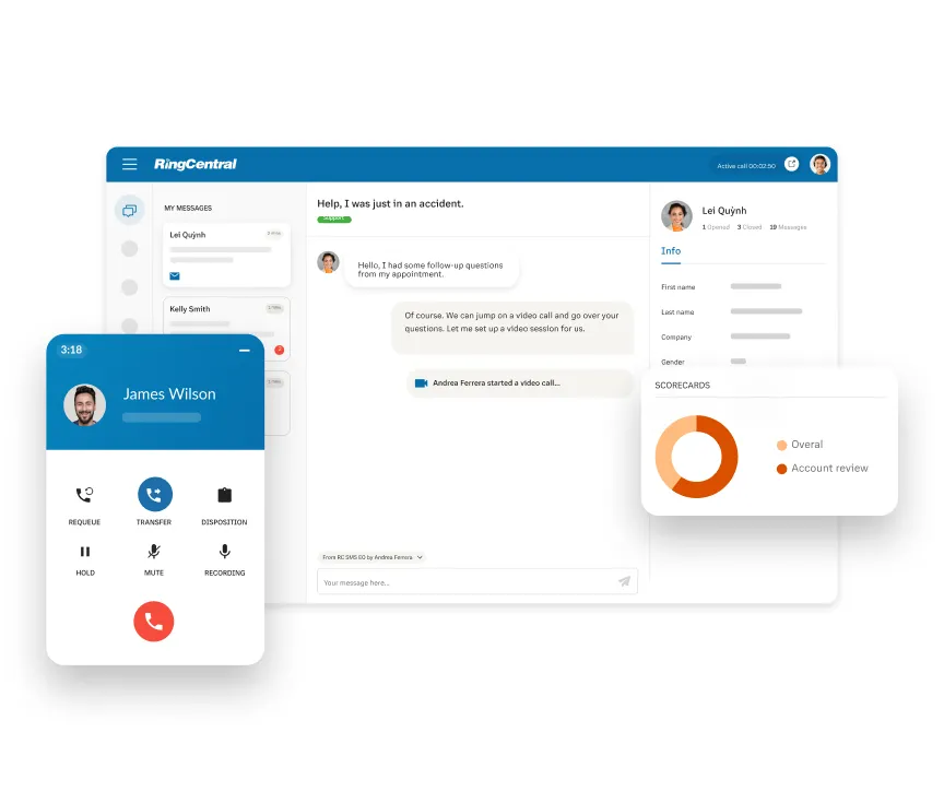 A screenshot of a customer call handled using the RingCX agent dashboard