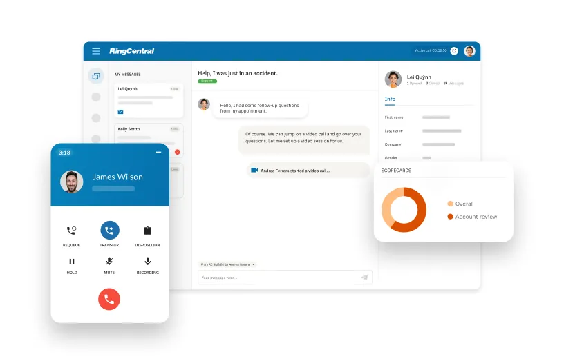A screenshot of a customer call handled using the RingCX agent dashboard