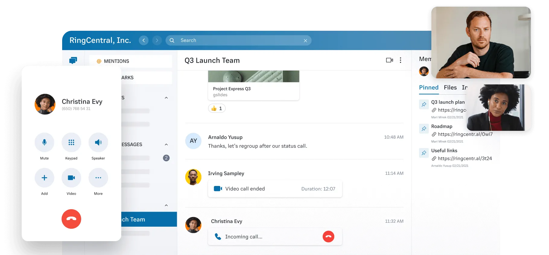 Team members communicating via phone, messaging, and video in one integrated platform